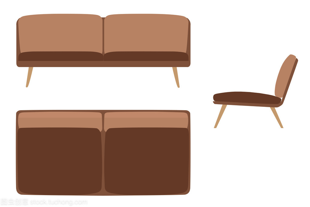 沙发套。为您的室内设计的家具。平面矢量图。顶尖,正面和侧面视图。棕色的颜色